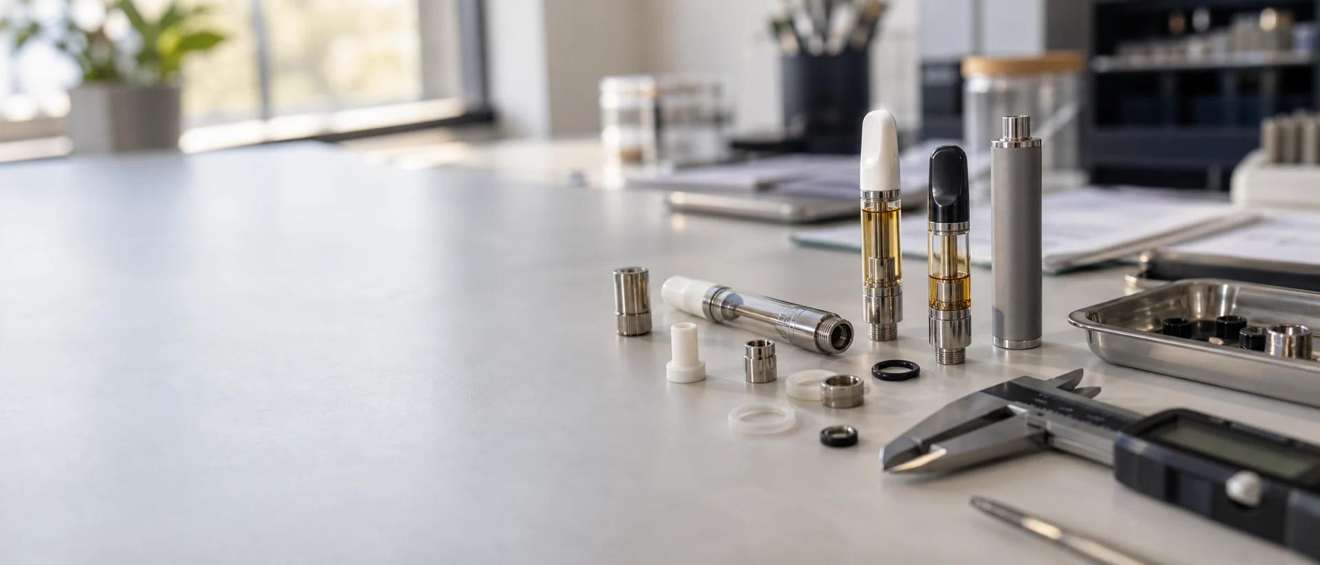 Vape hardware samples, seals and precision tools on an engineering validation bench