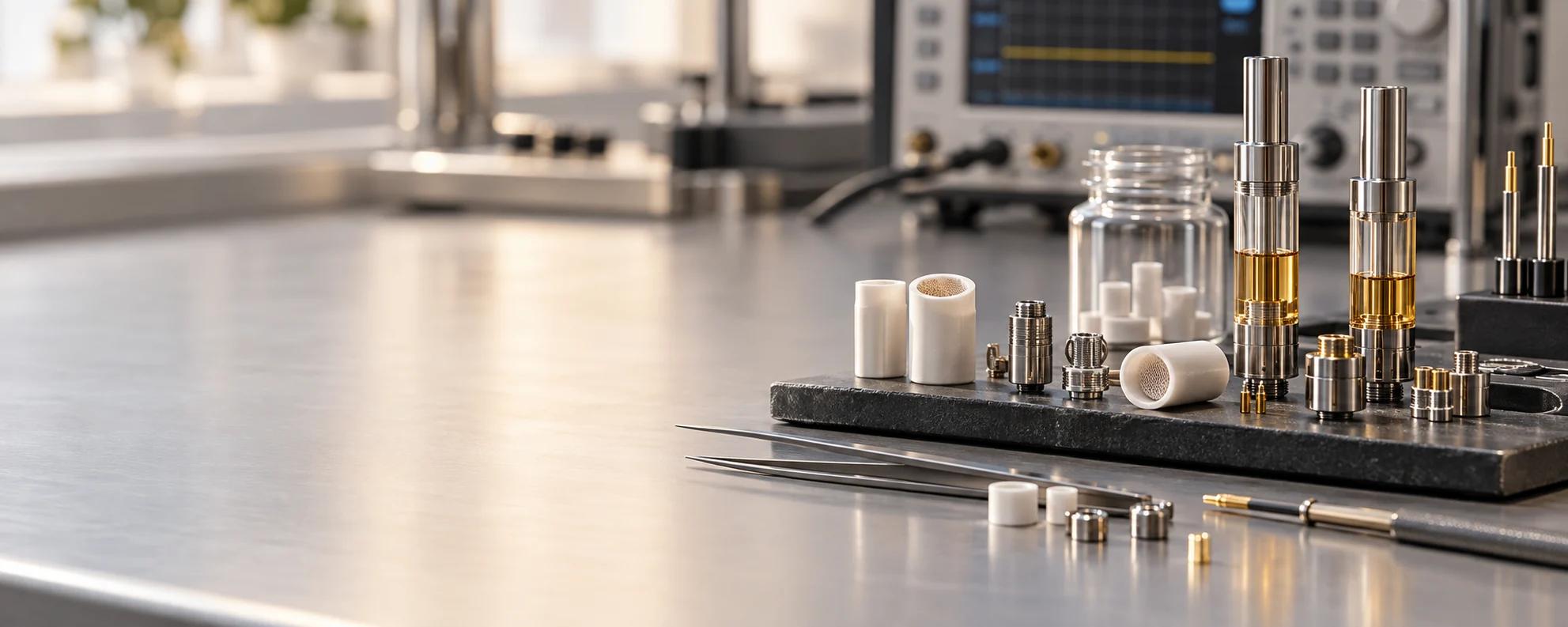 Ceramic heating cores and atomizer components arranged on a technical validation bench