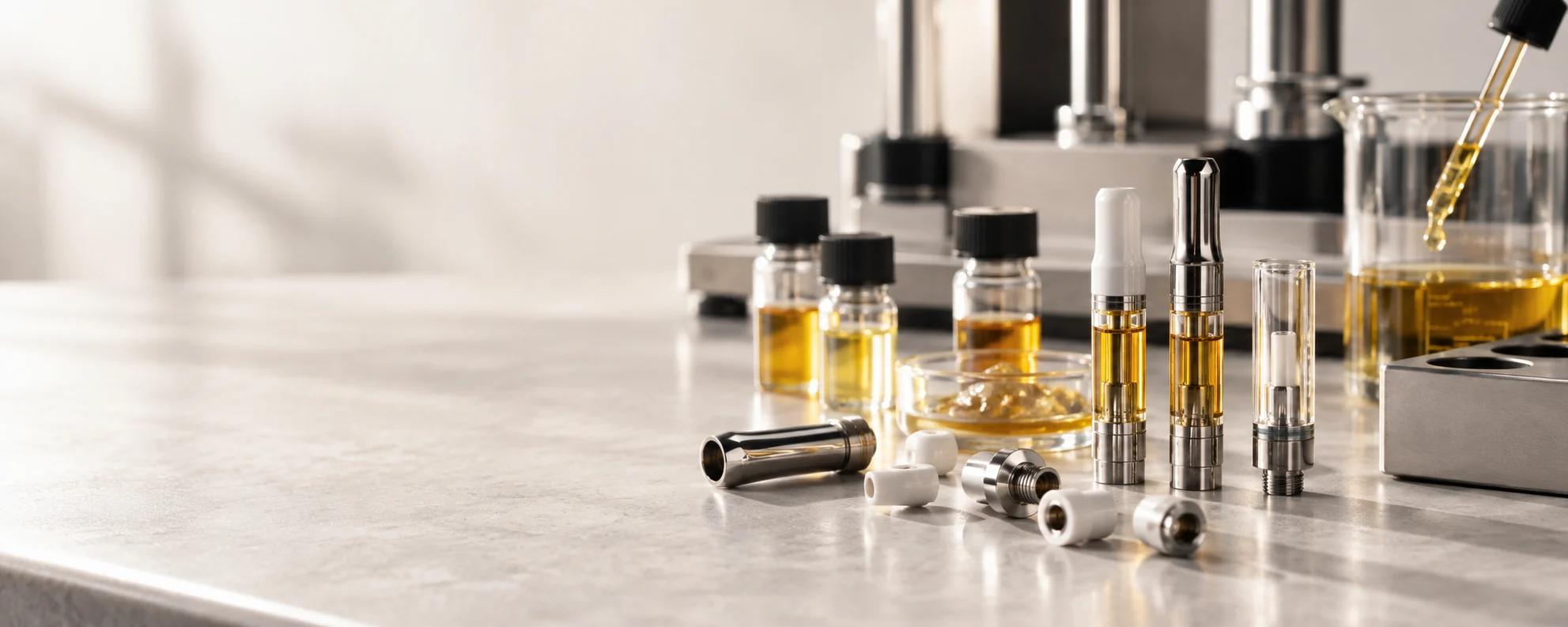Cannabis extract oil samples and vape hardware components on a technical validation bench