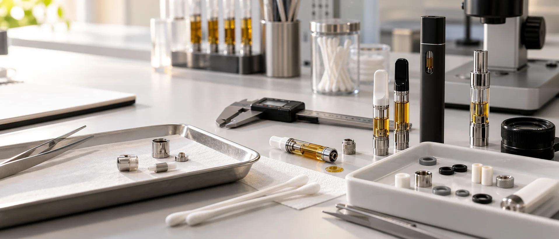 Vape hardware samples and inspection tools on a performance troubleshooting bench