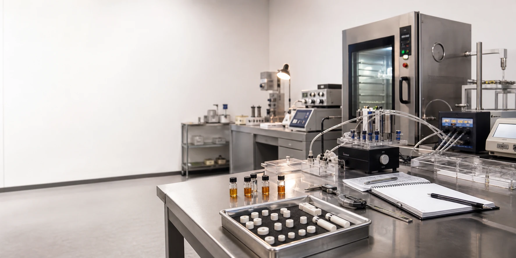 Cannabis vape hardware reliability validation room with test equipment