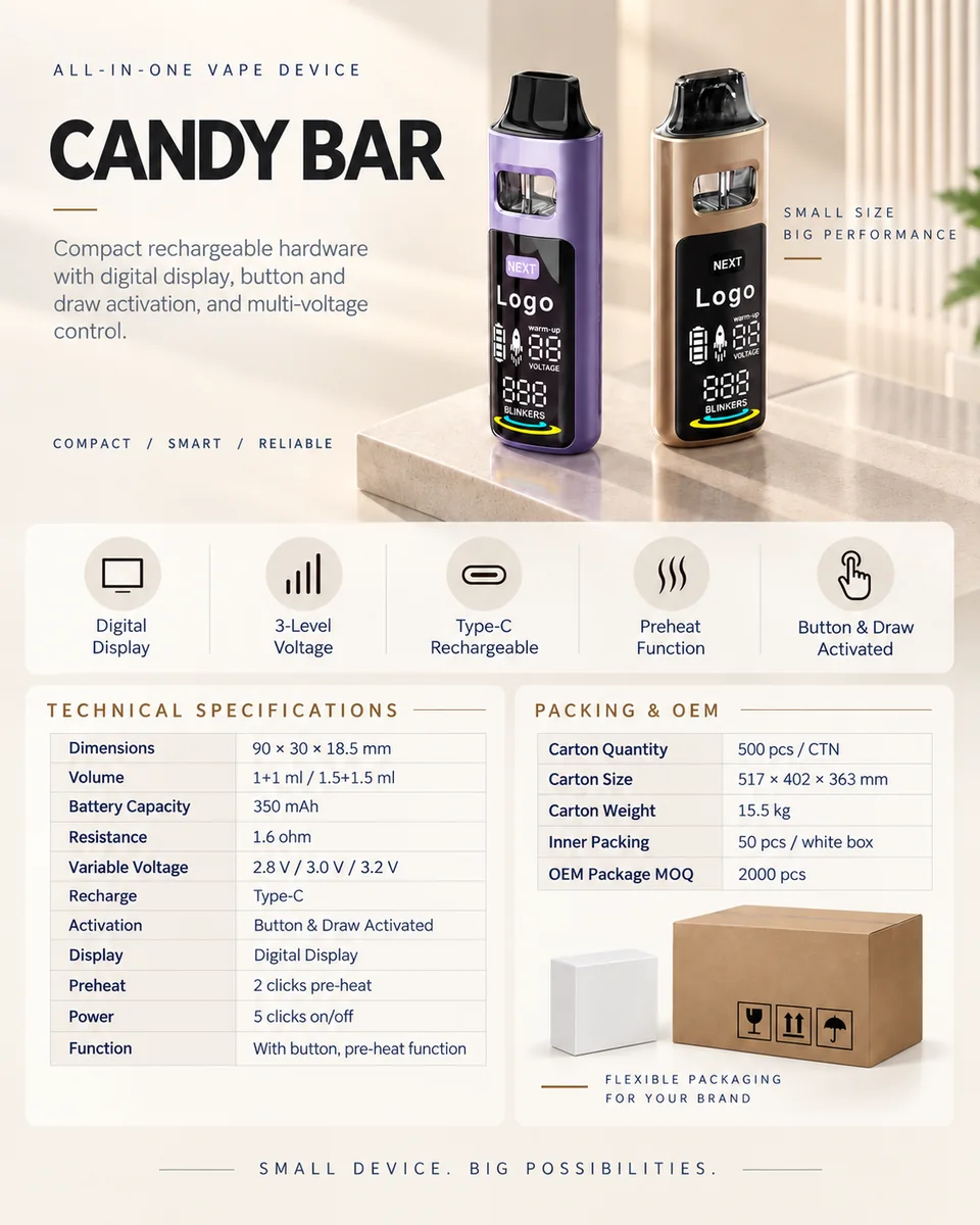 Candy Bar all-in-one vape device specification sheet