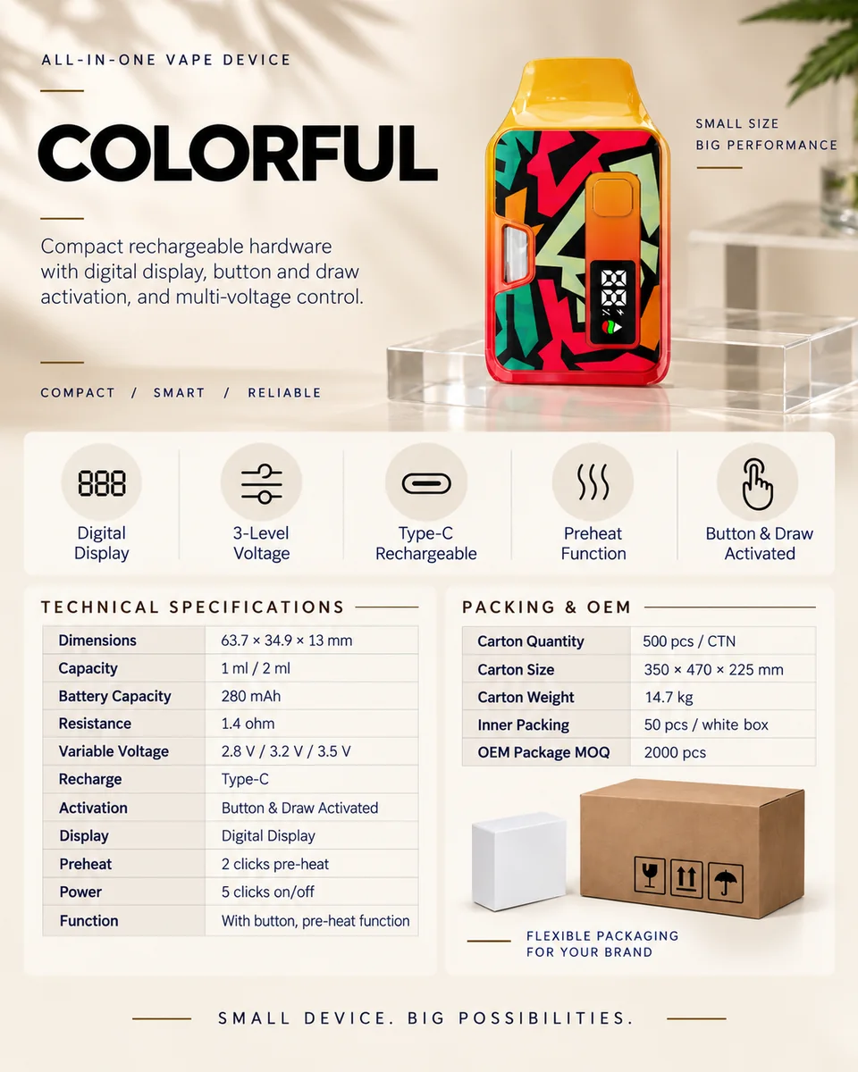 Colorful all-in-one vape device specification sheet
