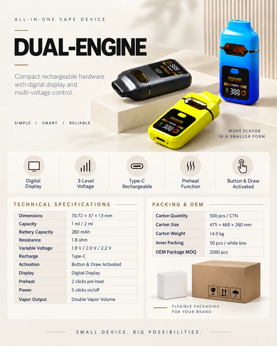 Dual-Engine all-in-one vape device specification sheet