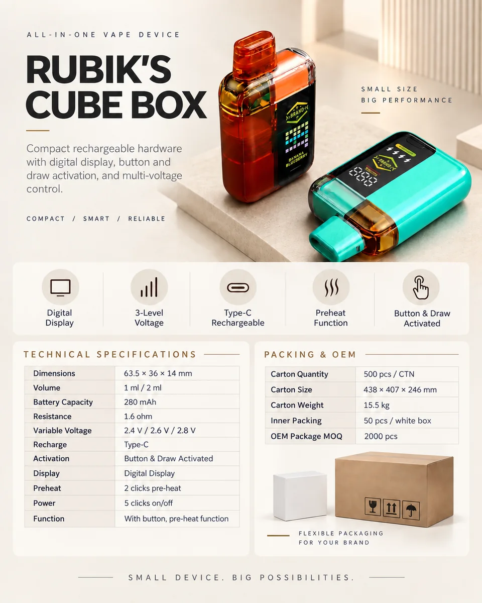 Rubik's Cube Box all-in-one vape device specification sheet