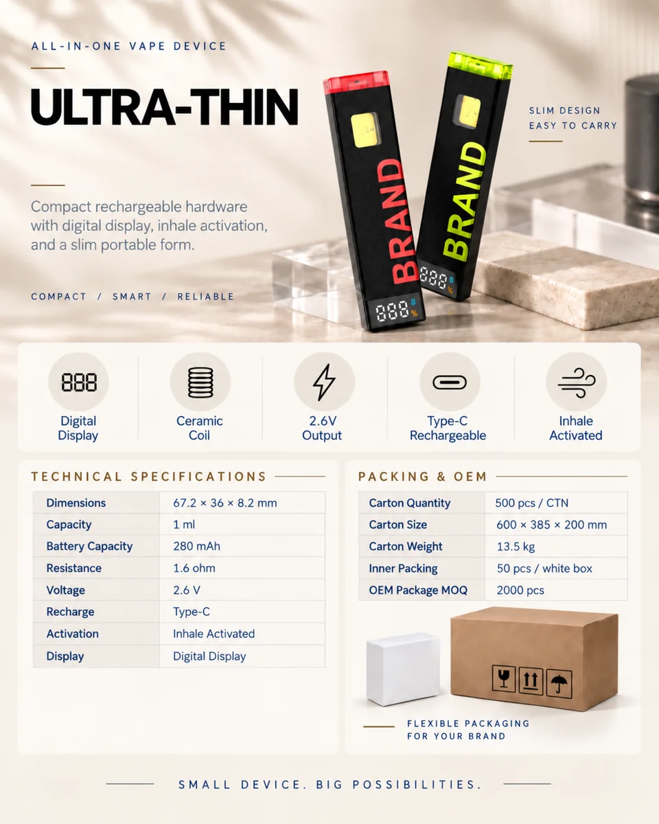 Ultra-thin all-in-one vape device specification sheet