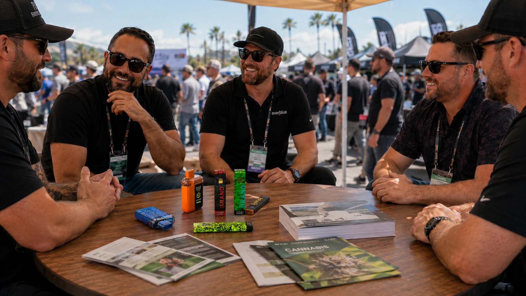 Cannabis hardware sample discussion at an outdoor industry event