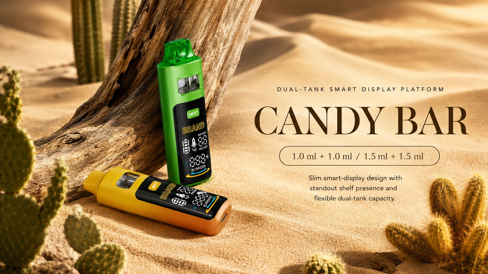 Candy Bar dual-tank cannabis vape hardware in warm product scene