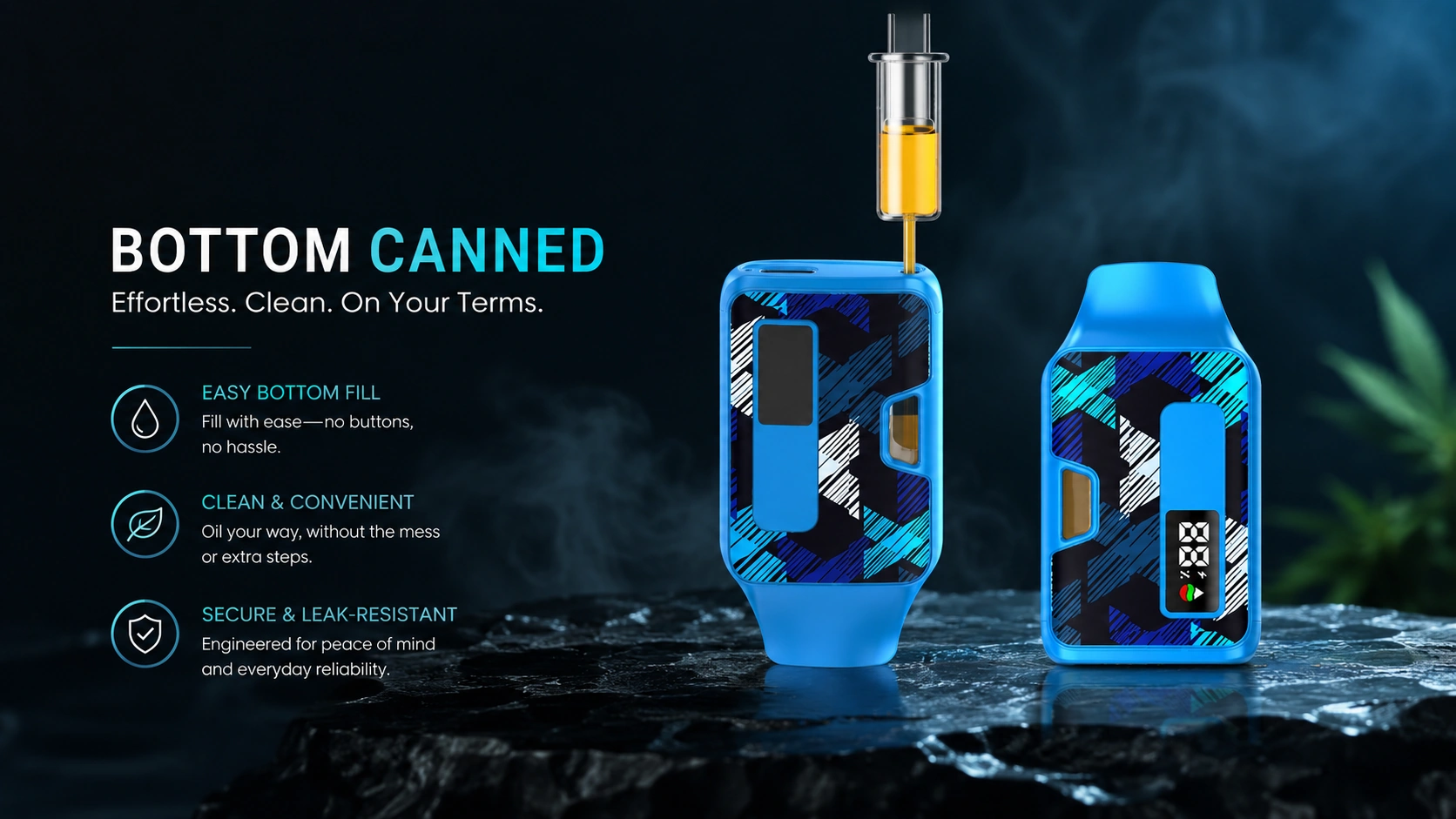 Colorful bottom-fill compact disposable cannabis vape hardware
