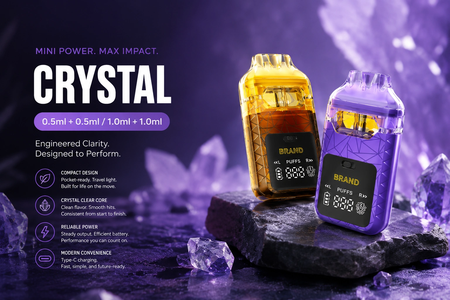 Crystal smart display cannabis vape hardware in translucent shells