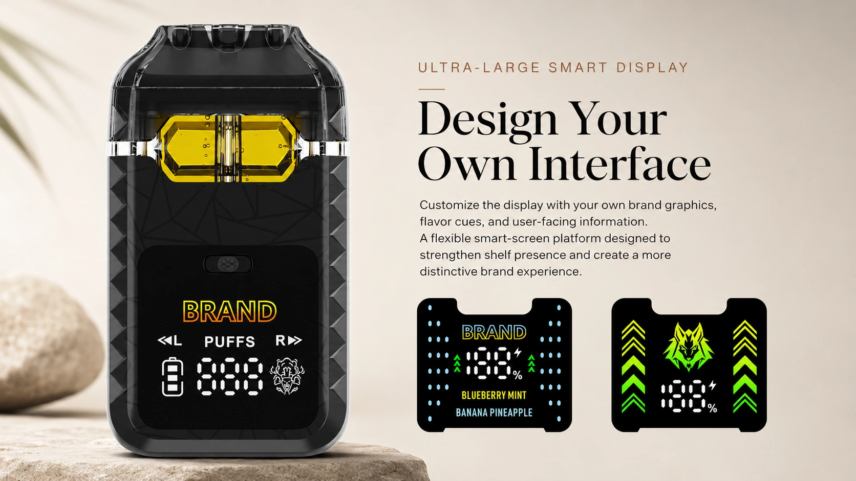 Crystal smart display interface customization for cannabis vape branding