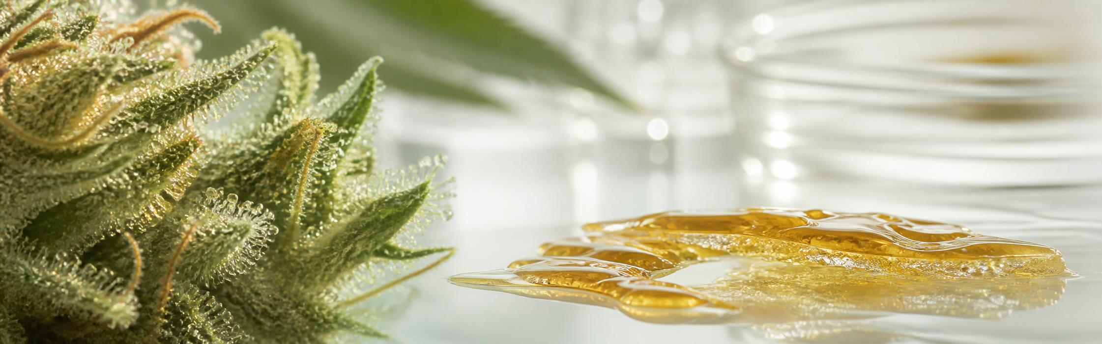 Macro cannabis trichomes and amber rosin extract on a clean lab surface